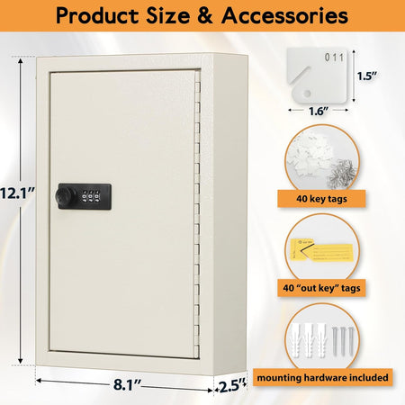 Key Storage Lock Box with Code,Locking Key Cabinet,40 Key Management Wall Mount with Combination Lock,Key Hooks & Tags Key Labels,(Beige,40 Key)
