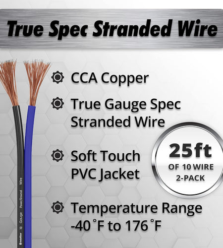10 Gauge Wire (50Ft) Copper Clad Aluminum CAA - Primary Automotive Wire, Car Amplifier Power and Ground Cable, Battery Cable, Car Audio Speaker Stereo, RV Trailer Wiring Welding Cable 10Ga