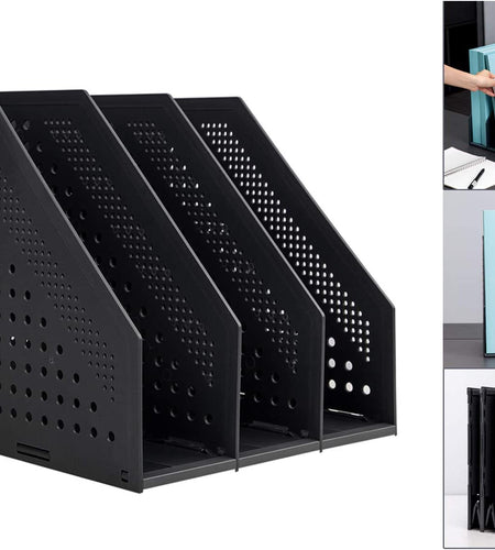 /Deli Collapsible Magazine File Holder/Desk Organizer for Office Organization and Storage with 3 Vertical Compartments, Dark Grey,