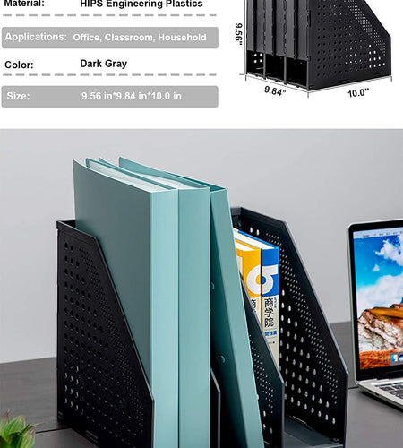 /Deli Collapsible Magazine File Holder/Desk Organizer for Office Organization and Storage with 3 Vertical Compartments, Dark Grey,